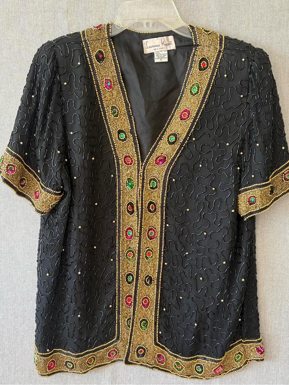 Laurence Kazar Black short sleeve Jacket with Gold and Green Beaded Trim 7 hooks